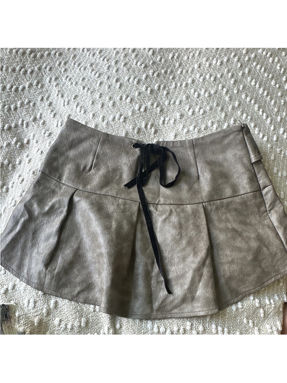 Faux Leather Gray Skater Skirt with Tie Waist